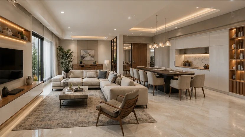 Clean open-plan luxury interior concept