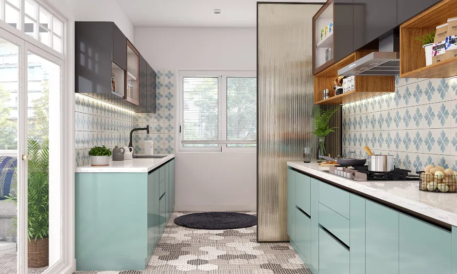 white and walnut kitchen in Hyderabad